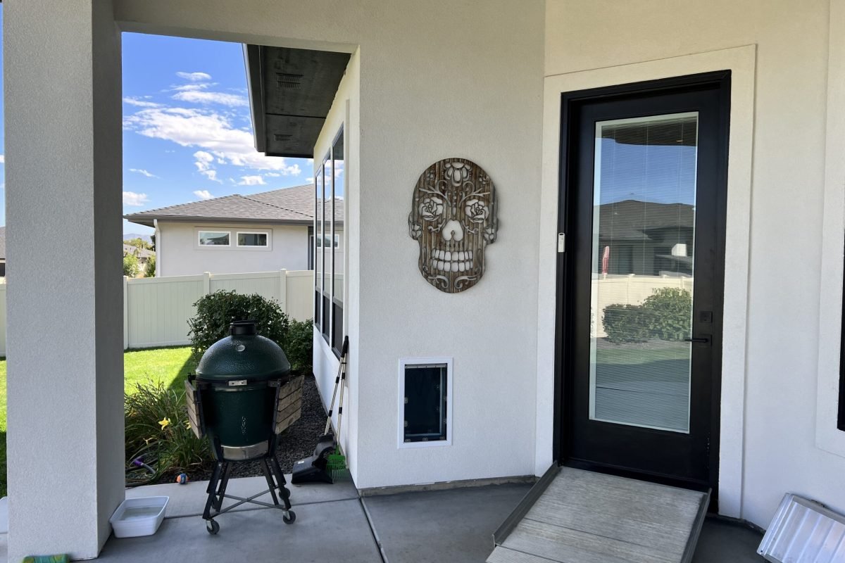 pet door added to stucco wall